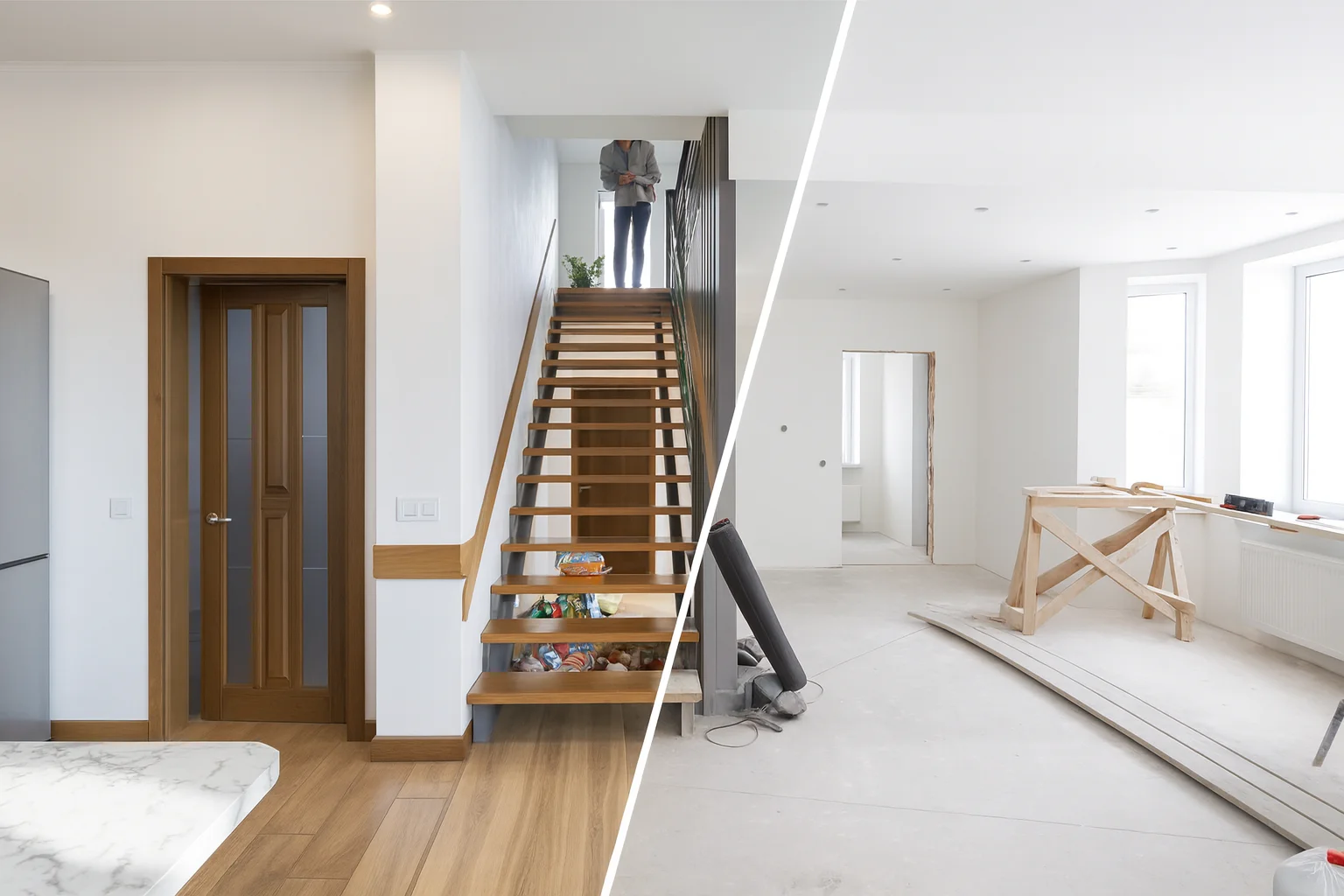 Interior renovation before and after comparison of residential living space